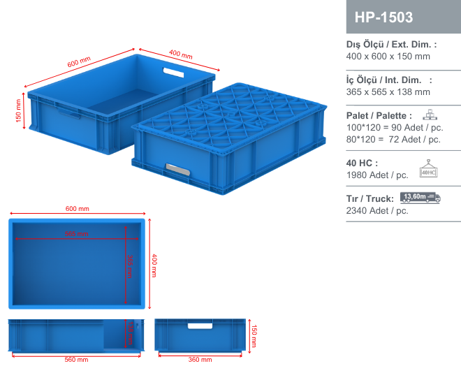 Plastik Kasalar - HP-1503 Plastik Kapalı Kasa | 400x600x150 mm