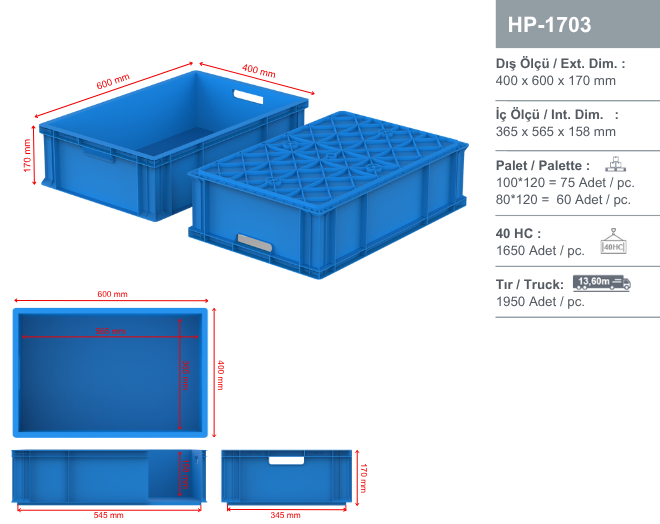 Plastik Kasalar - HP-1703 400 x 600 mm Plastik Kapalı Kasa - Hipaş
