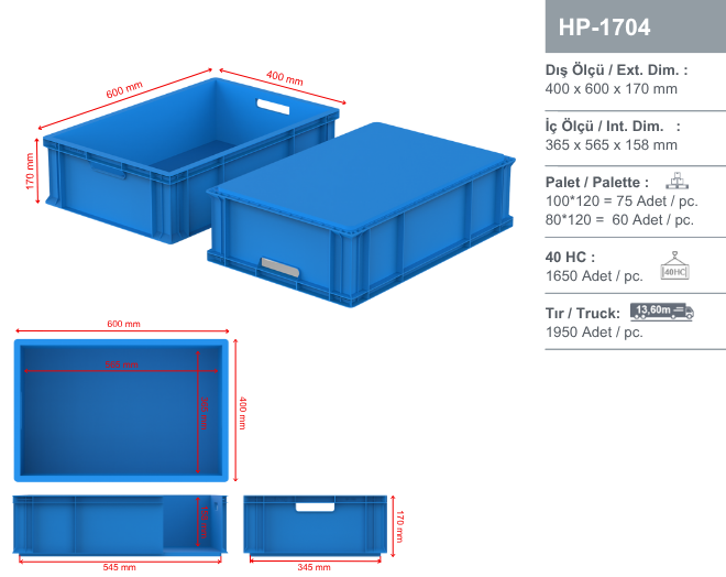 Plastik Kasalar - HP-1704 400 x 600 mm Kapalı kasalar - Hipaş Plastik
