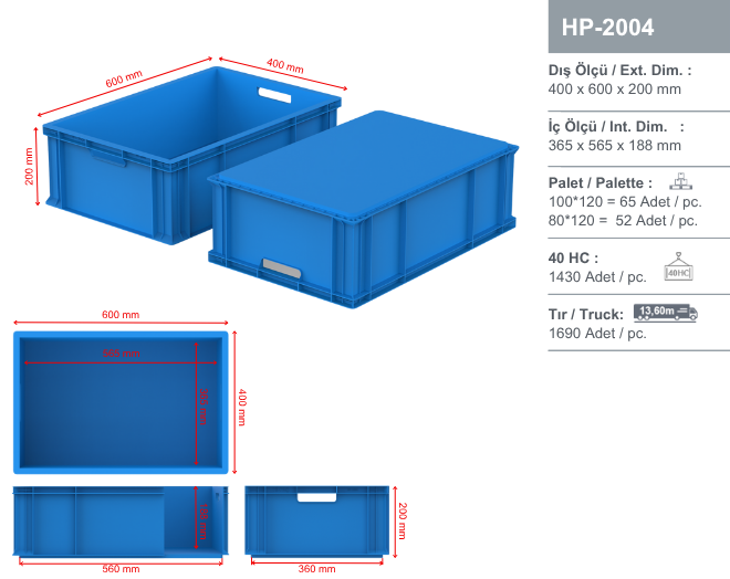 Plastik Kasalar - HP-2004 400 x 600 mm Kapalı kasalar Plastik kasa