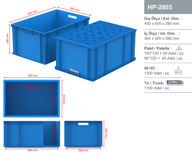 Plastik Kasalar - HP-2803 400 x 600 mm Kapalı kasalar Plastik kasa