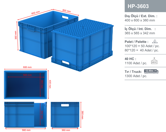 Plastik Kasalar - HP-3603 Plastik kasa, taşıma kasası, raf kasası