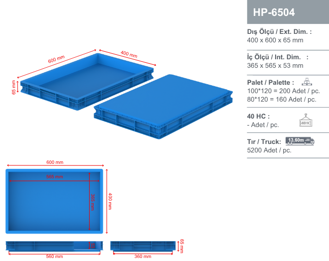 Plastik Kasalar - HP-6504 Plastik Kapalı Kasa | 400x600x65 mm