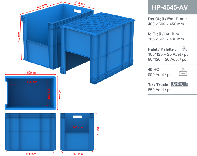 Plastik Kasalar - HP-4645 AV Önü Açık Kasa, plastik kasa, sanayi